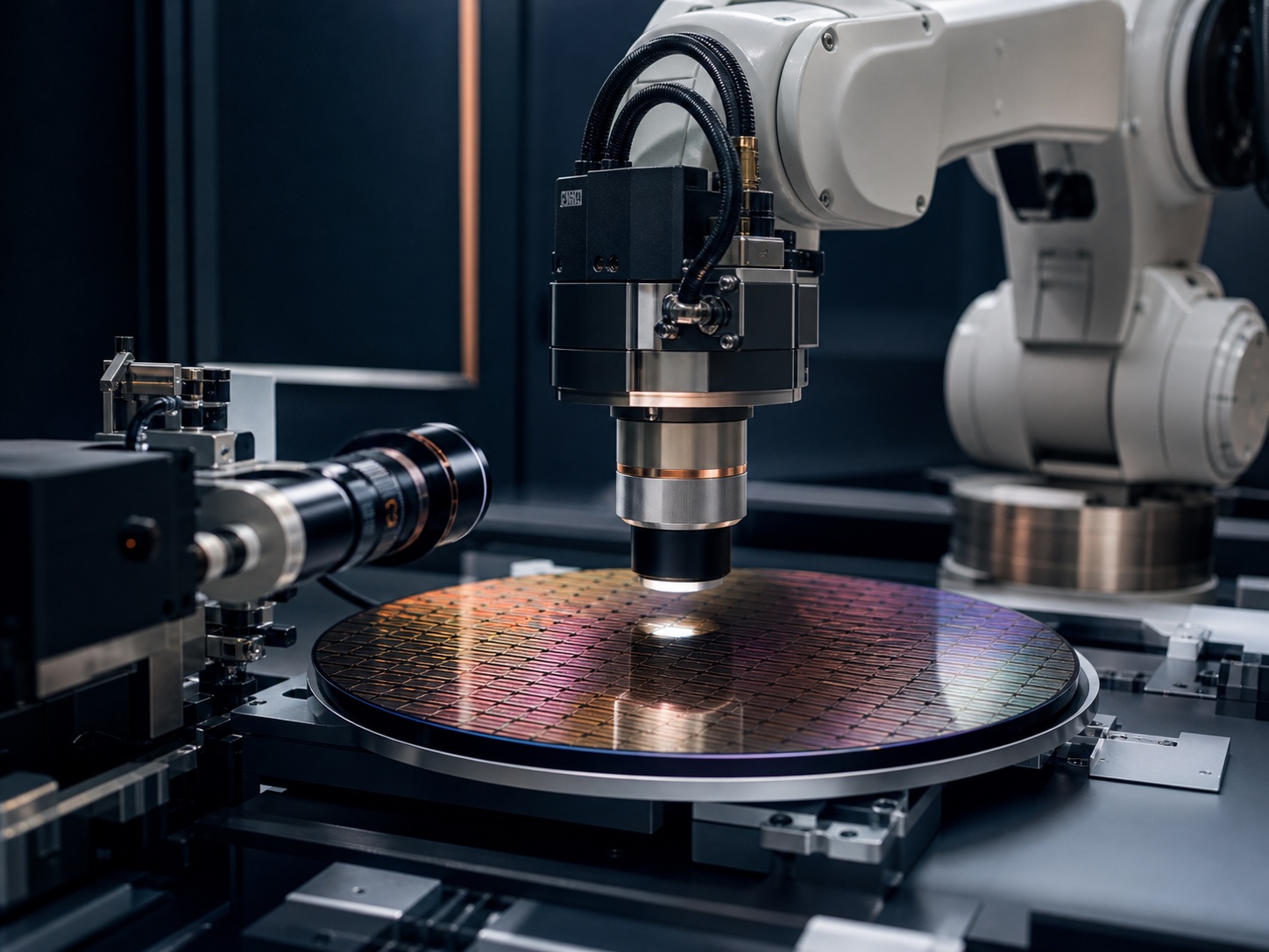 Precision robotic inspection equipment examining a semiconductor wafer in an advanced engineering laboratory