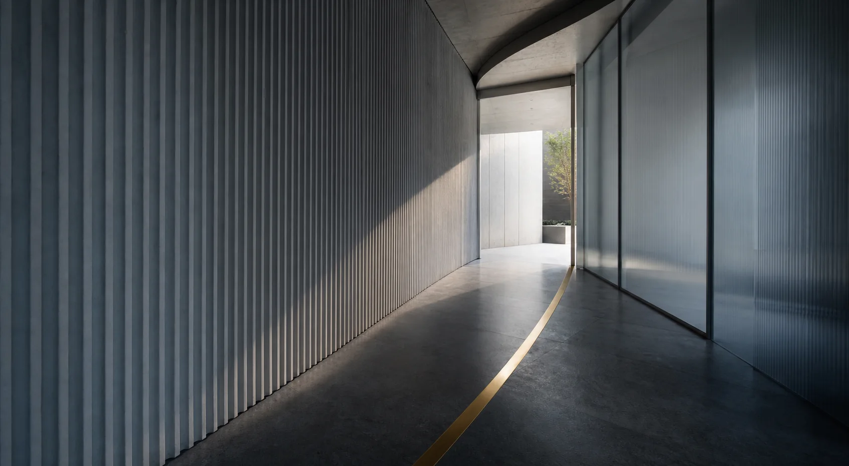 A precise brass path running through a ribbed architectural passage toward daylight