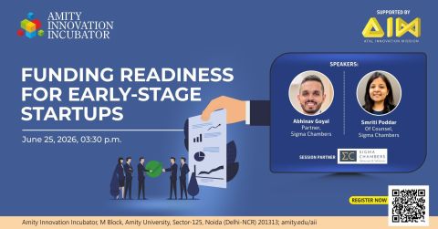 Amity Innovation Incubator funding-readiness session announcement featuring Abhinav Goyal and Smriti Poddar